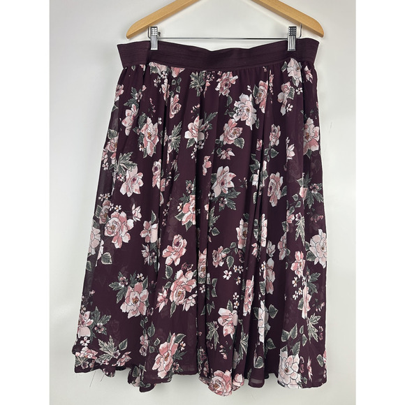 Torrid Floral Midi Chiffon Tulle Lined Skirt Burgundy Pull On Plus Size 2 2X - Picture 10 of 11